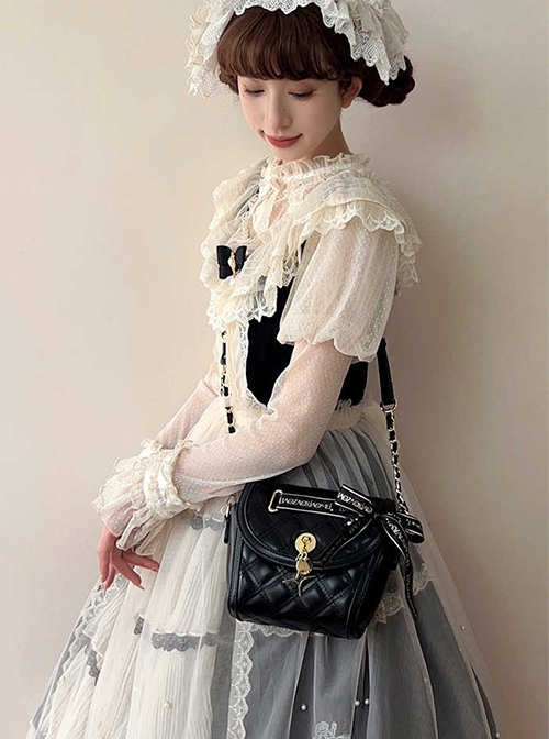 Sweet Lover Series Versatile Black Checkered Pattern Exquisite Straps Bowknot Classic Lolita Crossbody Bag