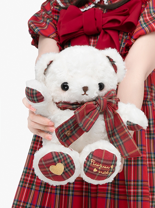 Christmas New Year Red Checkered Pattern Sweet Lolita Kawaii Plush Bear Doll Crossbody Bag Backpack