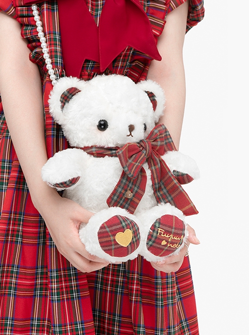 Christmas New Year Red Checkered Pattern Sweet Lolita Kawaii Plush Bear Doll Crossbody Bag Backpack