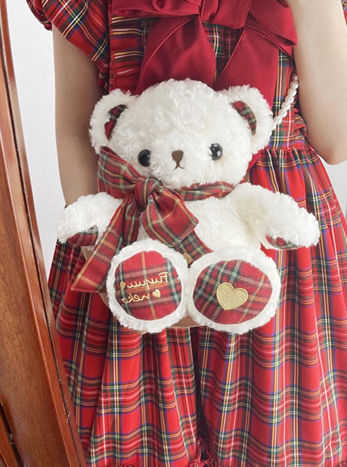 Christmas New Year Red Checkered Pattern Sweet Lolita Kawaii Plush Bear Doll Crossbody Bag Backpack