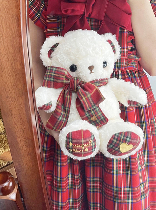 Christmas New Year Red Checkered Pattern Sweet Lolita Kawaii Plush Bear Doll Crossbody Bag Backpack