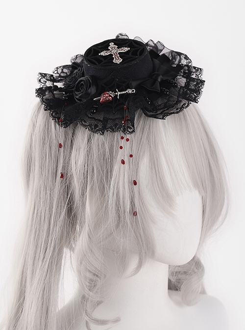 Cross Blood Bead Tassel Dark Gothic Lolita Black Lace Rose Bowknot Oblate Hat