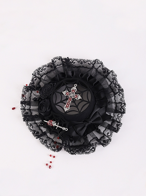 Cross Blood Bead Tassel Dark Gothic Lolita Black Lace Rose Bowknot Oblate Hat