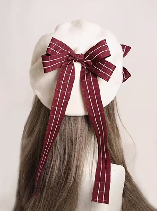 Winter Japanese Style Plaid Pattern Bowknot Cute Sweet Lolita Wavy Stripe Round Beret