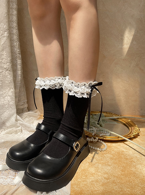 Cute Girl Ribbon Bowknot Chiffons Lace Ruffles Sweet Lolita Middle Short Tube Cotton Socks