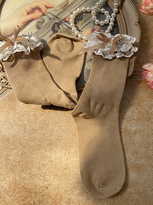 Cute Girl Ribbon Bowknot Chiffons Lace Ruffles Sweet Lolita Middle Short Tube Cotton Socks