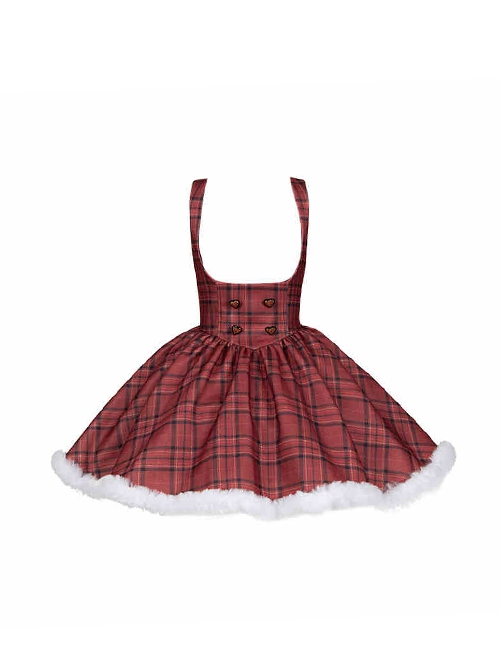 Wish Appointment Series Christmas Cute Sweet Lolita Red Plaid Plush Edge Suspender Short Dress