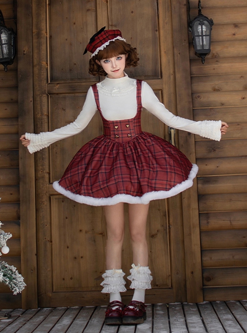 Wish Appointment Series Christmas Cute Sweet Lolita Red Plaid Plush Edge Suspender Short Dress