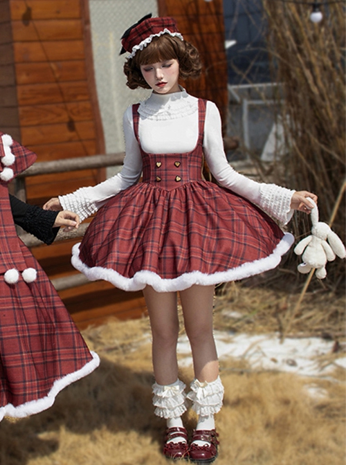 Wish Appointment Series Christmas Cute Sweet Lolita Red Plaid Plush Edge Suspender Short Dress