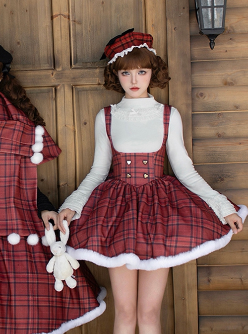 Wish Appointment Series Christmas Cute Sweet Lolita Red Plaid Plush Edge Suspender Short Dress