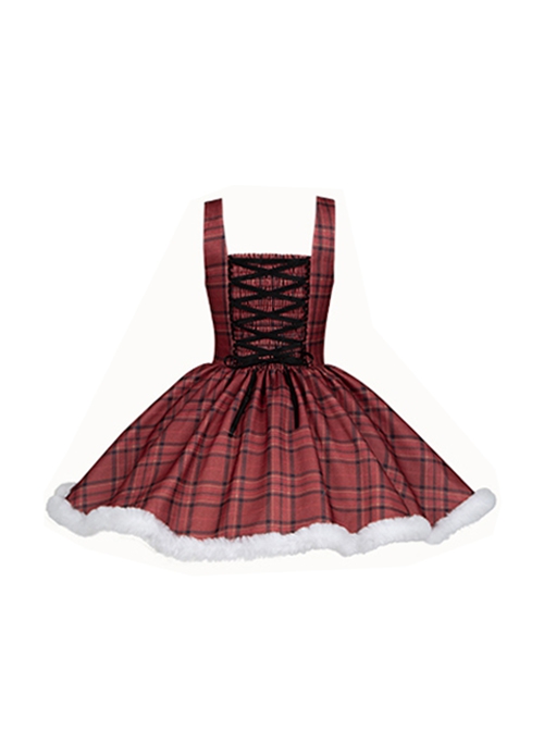 Wish Appointment Series Christmas Cute Sweet Lolita Red Plaid Plush Edge Suspender Short Dress