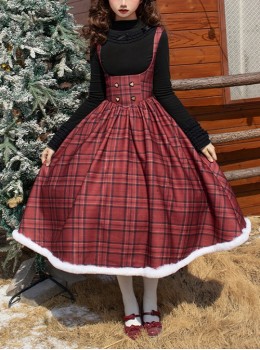 Wish Appointment Series Christmas New Year Elegant Sweet Lolita Red Plaid Plush Edge Suspender Long Dress