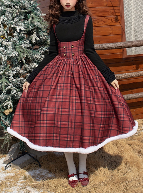 Wish Appointment Series Christmas New Year Elegant Sweet Lolita Red Plaid Plush Edge Suspender Long Dress