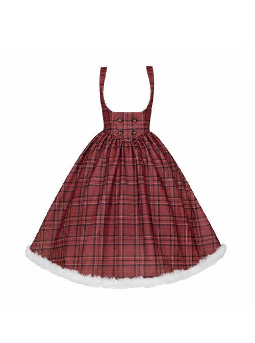 Wish Appointment Series Christmas New Year Elegant Sweet Lolita Red Plaid Plush Edge Suspender Long Dress