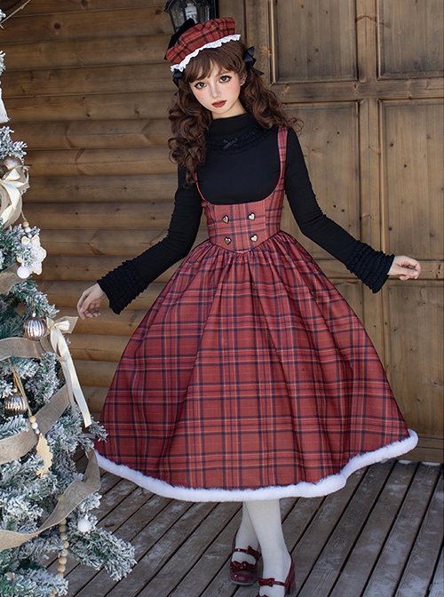 Wish Appointment Series Christmas New Year Elegant Sweet Lolita Red Plaid Plush Edge Suspender Long Dress