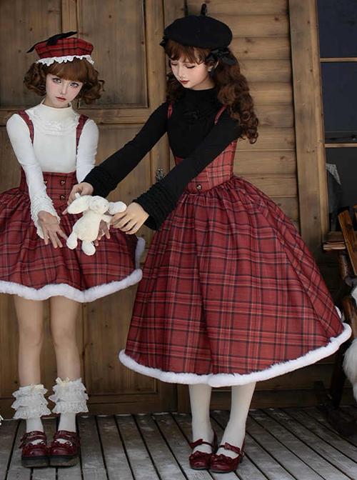 Wish Appointment Series Christmas New Year Elegant Sweet Lolita Red Plaid Plush Edge Suspender Long Dress