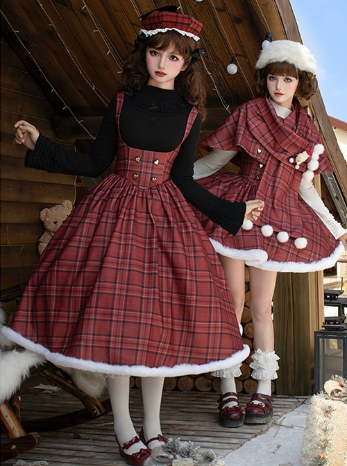 Wish Appointment Series Christmas New Year Elegant Sweet Lolita Red Plaid Plush Edge Suspender Long Dress