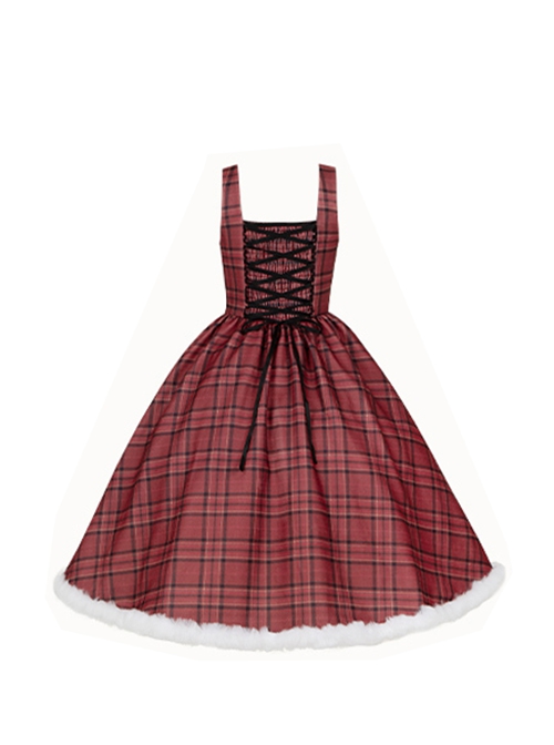 Wish Appointment Series Christmas New Year Elegant Sweet Lolita Red Plaid Plush Edge Suspender Long Dress