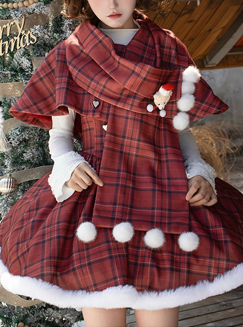 Wish Appointment Series Christmas Cute Sweet Lolita Red Plaid Hairball Short Woolen Scarf Cape