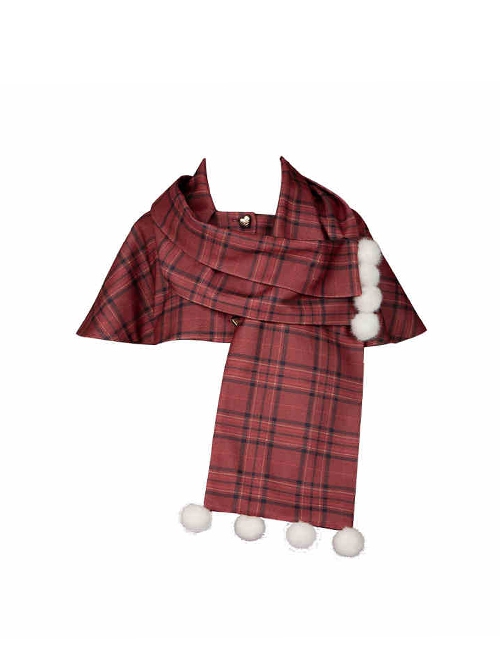 Wish Appointment Series Christmas Cute Sweet Lolita Red Plaid Hairball Short Woolen Scarf Cape