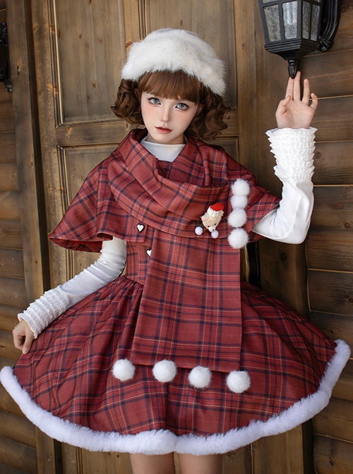 Wish Appointment Series Christmas Cute Sweet Lolita Red Plaid Hairball Short Woolen Scarf Cape