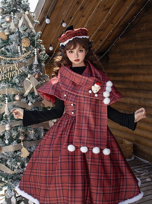 Wish Appointment Series Christmas Cute Sweet Lolita Red Plaid Hairball Short Woolen Scarf Cape