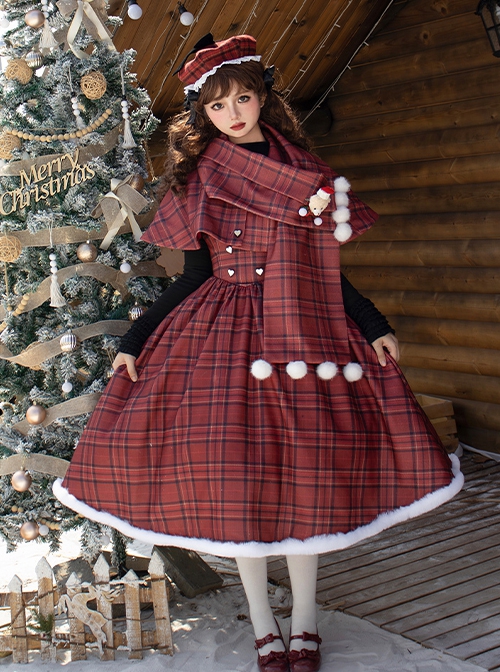 Wish Appointment Series Christmas Cute Sweet Lolita Red Plaid Hairball Short Woolen Scarf Cape