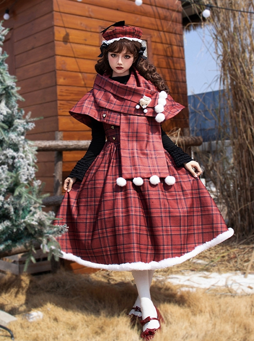 Wish Appointment Series Christmas Cute Sweet Lolita Red Plaid Hairball Short Woolen Scarf Cape