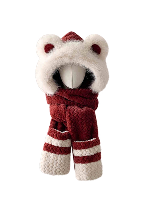 Winter Thickened Windproof Tab Warm Cute Bear Kawaii Fashion Plush Hat Gloves Long Scarf