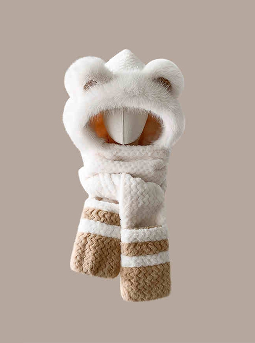 Winter Thickened Windproof Tab Warm Cute Bear Kawaii Fashion Plush Hat Gloves Long Scarf