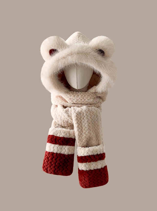 Winter Thickened Windproof Tab Warm Cute Bear Kawaii Fashion Plush Hat Gloves Long Scarf