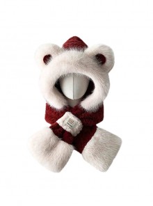 Winter Warm Cute Bear Kawaii Fashion Thickened Windproof Tab Plush Hat Splicing Short Scarf