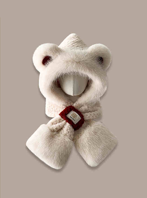 Winter Warm Cute Bear Kawaii Fashion Thickened Windproof Tab Plush Hat Splicing Short Scarf