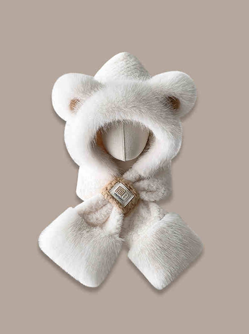 Winter Warm Cute Bear Kawaii Fashion Thickened Windproof Tab Plush Hat Splicing Short Scarf