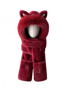 Angola Red Winter Warm Cute Kawaii Fashion 3D Fox Ears Plush Hat Spliced ​​Gloves Long Scarf