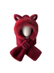 Winter Windproof Warm Cute 3D Fox Angola Red Kawaii Fashion Ears Plush Hat Splicing Short Scarf