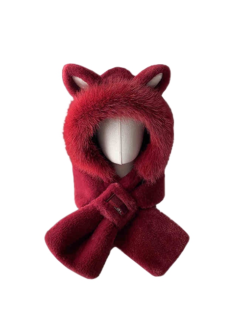 Winter Windproof Warm Cute 3D Fox Angola Red Kawaii Fashion Ears Plush Hat Splicing Short Scarf