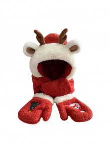 Cute 3D Christmas Deer Snowman Red Winter Warm Kawaii Fashion Plush Hat Splicing Scarf Gloves