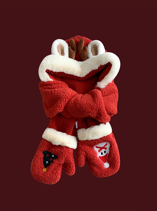 Cute 3D Christmas Deer Snowman Red Winter Warm Kawaii Fashion Plush Hat Splicing Scarf Gloves