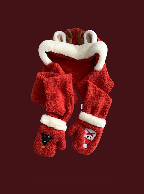 Cute 3D Christmas Deer Snowman Red Winter Warm Kawaii Fashion Plush Hat Splicing Scarf Gloves