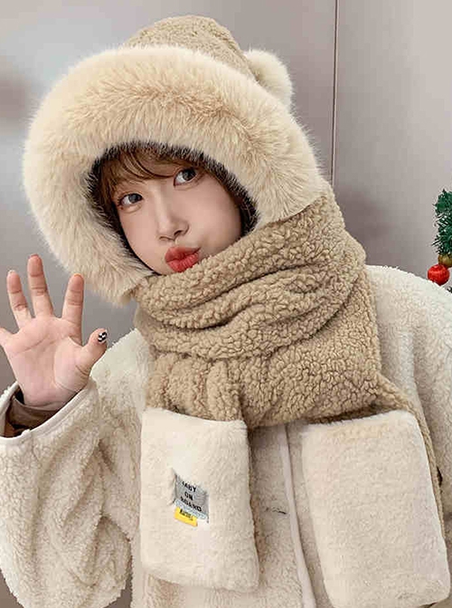 Santa Claus Winter Warm Kawaii Fashion Cute Plush Hairball Pointed Hat Splicing Long Scarf Gloves