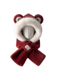 Cute Round Bear Ears Winter Kawaii Fashion White Fur Edge Ear Protection Scarf Red Cycling Hat