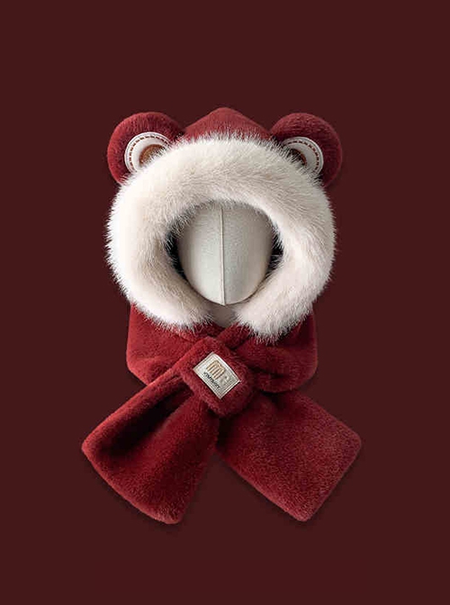 Cute Round Bear Ears Winter Kawaii Fashion White Fur Edge Ear Protection Scarf Red Cycling Hat