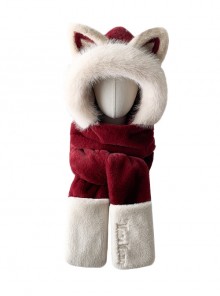 Fox Ears Winter White Fur Edge Kawaii Fashion Ear Protection Gloves Long Scarf Red Cycling Hat