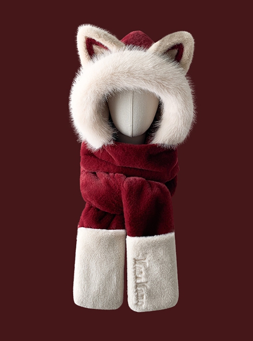 Fox Ears Winter White Fur Edge Kawaii Fashion Ear Protection Gloves Long Scarf Red Cycling Hat