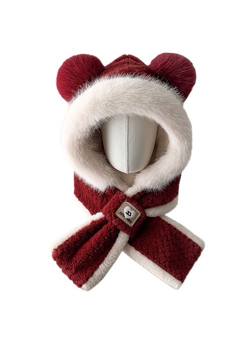 Winter Furball Bear Ears Cute White Fur Edge Kawaii Fashion Ear Protection Short Scarf Red Cycling Hat