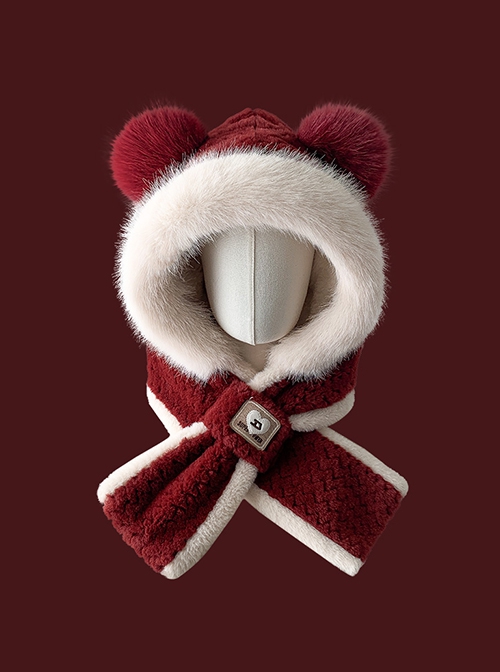 Winter Furball Bear Ears Cute White Fur Edge Kawaii Fashion Ear Protection Short Scarf Red Cycling Hat