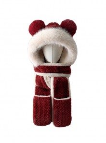 Winter Warm White Fur Edge Kawaii Fashion  Furball Bear Ear Protection Gloves Long Scarf Red Cycling Hat