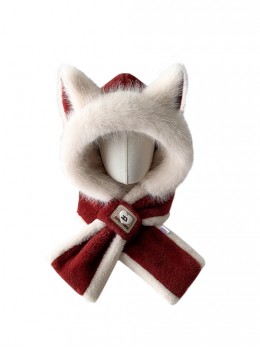 Winter Warm Fried Hair Fox Ears White Fur Edge Kawaii Fashion Ears Protection Short Scarf Red Cycling Hat