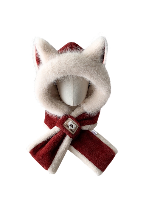 Winter Warm Fried Hair Fox Ears White Fur Edge Kawaii Fashion Ears Protection Short Scarf Red Cycling Hat